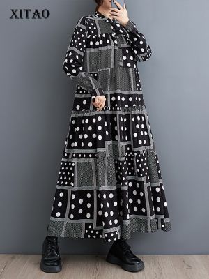 XITAO Dress Long Sleeve Print Dot Stand Collar Casual Dress