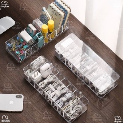【Spot Goods】 Data Line Storage Box,Dustproof Storage Cable Management Box, Storage Box Transparent Plastic, Portable Clear Power Cord Organizer with 8 Compartments, Desk Accessories Storage for Office and Stationery Supplies, Data Line Prot