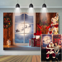 Christmas Party Windows Moon Backdrop Photography Photo Background Christmas Tree Red Socks Reindeer Banner Photocall