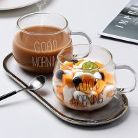hotx【DT】 350ml Printed Transparent Glass Mug Drinks Dessert Cup Mugs Handle Drinkware
