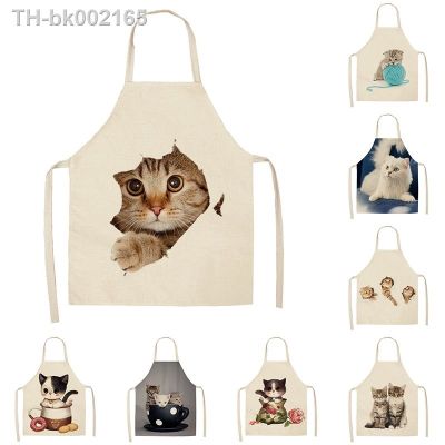 ✚¤ 1Pcs Lovely Cat Pattern Kitchen Apron for Women Kids Custom Cotton Linen Bibs Cute Aprons Cleaning Pinafore Home Cooking 53x65cm