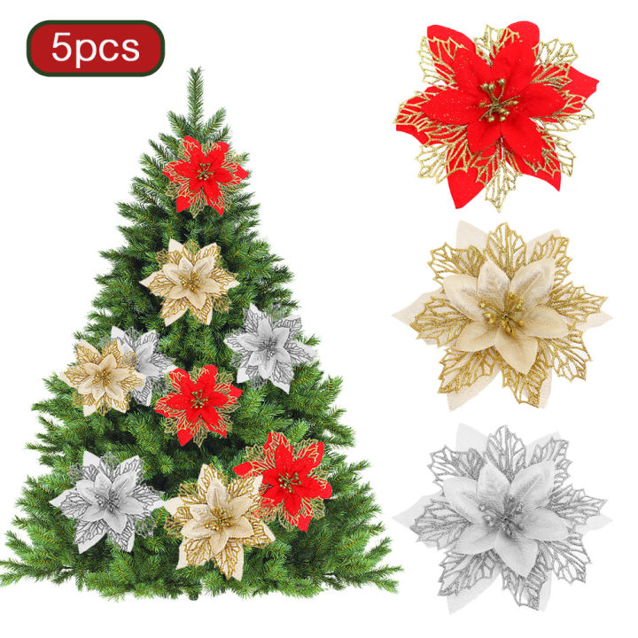 5pcs Artificial Christmas Flowers Xmas Tree Ornaments Home Decoration  Poinsettia