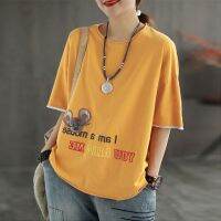 เสื้อยืดผ้าฝ้ายแขนสั้นสำหรับผู้หญิง100% ใหม่เสื้อสไตล์เรโทรทรงหลวมปักลายผืนใหญ่คลุมพุงสำหรับฤดูร้อนเสื้อสตรีแบบบาง