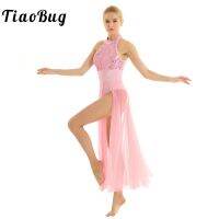 Women Adult Shiny Sequins Sleeveless Halter Ballet Tutu Leotard Mesh See-though Maxi Lyrical Dance Costume