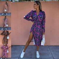 2022 spring and summer new loose beauty long-sleeved V-neck waist waist print dress womens clothing ❤