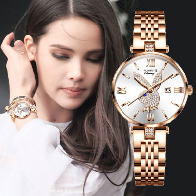 PLAYBOY นาฬิกาผู้หญิง2023 กันน้ำ ต้นฉบับ ของแท้100% ปฏิทินโรมันสแตนเลสสุดหรูนาฬิกาข้อมือผญโรสโกลด์