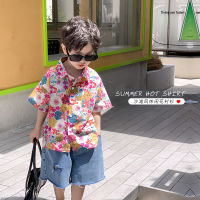 Childrens clothing 2023 Summer new boys handsome full printed short-sleeved shirt baby Korean style beach style casual flower shirt