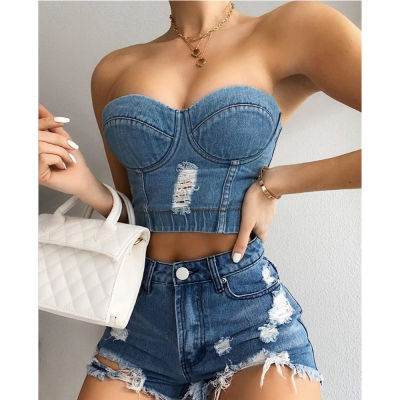 Sexy short Denim Halter crop top women vintage summer tops woman croptop party club outfits womens tank top t shirt bustier