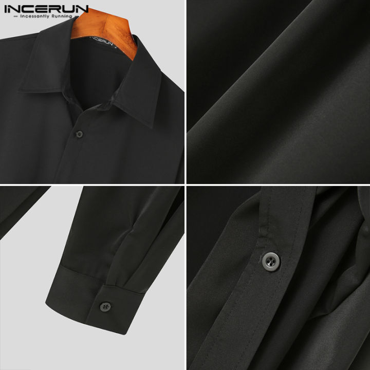 incerun-เสื้อเบลาส์เสื้อลำลองเสื้อทรงหลวมผูกเชือกแขนยาวสำหรับผู้ชายเนื้อเรียบ-สไตล์เกาหลี