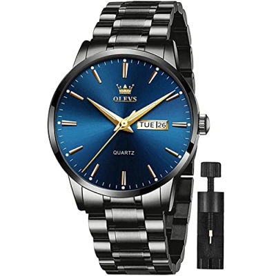 OLEVS Mens Gold Watches Analog Quartz Business Dress Watch Day Date Stainless Steel Classic Luxury Luminous Waterproof Casual Male Wrist Watches black Stainless Steel Blue Dial