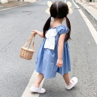 Summer Children Girl Bow Princess Dress Square Collar Bubble Sleeves Sundress Korean Cotton Kids Clothing Wedding Party dress