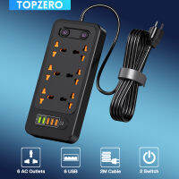 TOPZERO 2500วัตต์สากล6 O Utlet ขยายซ็อกเก็ตป้องกันไฟกระชาก6พอร์ต USB Type C อย่างรวดเร็วชาร์จซ็อกเก็ต2เมตรส่วนต่อขยายสายไฟเสียบแถบไฟสำหรับมาร์ทโฟนแท็บเล็ตโฮมออฟฟิศโรงแรม