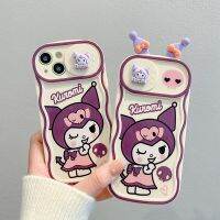 เคสโทรศัพท์สำหรับ iPhone 15 Pro 14 13 12 Pro Max Plus 11 Kuromi 3D ตุ๊กตา3D สีม่วงน่ารักรูปการ์ตูนสเตอริโอขอบกล้องหน้าต่างเลื่อนเคสโทรศัพท์ TPU แบบนิ่ม