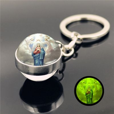 Virgin Mary Luminous Keychain Pendant Double-sided Glass Ball Keychain Metal Keyring Luxury Brand Keychain Key Chains