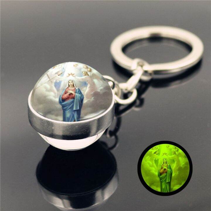 virgin-mary-luminous-keychain-pendant-double-sided-glass-ball-keychain-metal-keyring-luxury-brand-keychain-key-chains