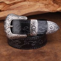 Designer Retro Flower Printing Belts Men High Quality Genuine Leather Strap Luxury Famous Brand Pin Buckle Belt Ceinture Homme Belts