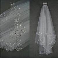 สีขาวงาช้างผู้หญิงเจ้าสาว Wedding Veils 2 ชั้น 75 ซม.ทำด้วยมือลูกปัดขอบหวีอุปกรณ์จัดงานแต่งงาน-JHU STORE