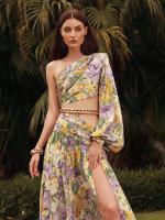 【YF】 Sexy Slanted One Shoulder Slim Chain Floral Maxi Dress Summer Elegant Irregular Cut Out Long Sleeve Party Evening