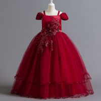 Flower Elegant Wedding Party Dresses for Girls Embroidery Teenage Christmas Princess Long Dress Red New Year Children 39;s Dress