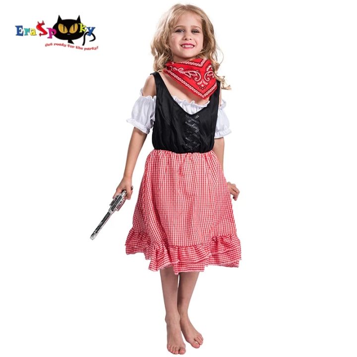 สาวคาวบอยตะวันตกคอสเพลย์ชุดฮัลโลวีน-ชุดเดรสลายสก๊อตเด็กพร้อมผ้าพันคอคาร์นิวัลปาร์ตี้