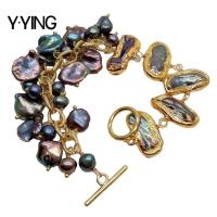 Y·YING punk natural Cultured Black Biwa freshwater Pearl Keshi Pearl gold color plated Chain Bracelet 8" handmade for women