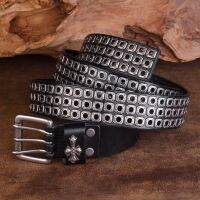 ○  CETIRI Heavy Metal Punk Double/Single Row Hole Eyelet Waistband Top Grain Leather Belts Men