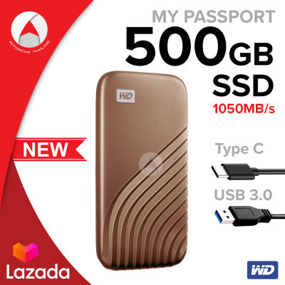 WD My Passport SSD 500 GB ฮาร์ดดิสก์พกพา Type-C, USB 3.0 (WDBAGF5000AGD-WESN) Gold&nbsp;สีทอง&nbsp;New 2020 ความเร็วในการอ่านสูงสุดถึง 1,050 MB/s2 ประกัน Synnex 5 ปี ฮาร์ดดิสก์ Solid State Drives สาย USB Type-C ต่อกับ Type-C (รองรับ USB 3.2 Gen 2)