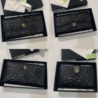 2023 New★ Classic cf small fragrant wind camellia long wallet real leather ladys long clip real sheepskin two-fold leather bag exquisite workmanship