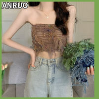 ANRUO บราสาวออเสื้อเกาะอกเสื้อนอกเก๋เซ็กซี่ฤดูร้อนของผู้หญิงเสื้อตัวสั้นสไตล์ฝรั่งเศสที่ไม่ซ้ำใครดีไซน์แบบเฉพาะฤดูร้อน