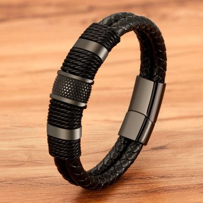 XQNI Woven Leather Rope Wrap Special Style Classic Stainless Steel Mens Leather Bracelet Double-layer Design DIY Customization