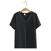 ☾◐□ 【มีไซส์ใหญ่】Plus Size XL-4XL Womens White Black Chiffon Blouse Short Sleeve V-neck OL Slim Tops Officewear Summer Blusas