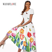 WAYOFLOVE Summer Elegant White Long Dress Party Casual Beach Short Sleeve Square Collar Tulip Printing Vestidos Vintage Dresses