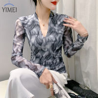 YIMEI เสื้อเสื้อผูกคอวีเกาหลีย้อมสีสวย2023เสื้อยืดผ้าตาข่ายแขนยาวสไตล์ฤดูใบไม้ร่วงใหม่