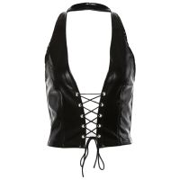 ผู้หญิง Punk Crop Top เซ็กซี่ Halter V คอ Backless Hollow เสื้อกั๊ก Faux สิทธิบัตรหนัง Cross Lace-Up Party Clubwear