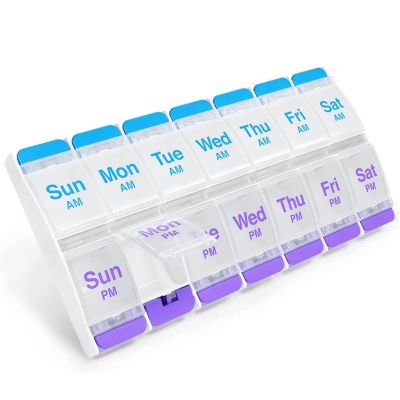 Push Button (7-Day) Pill Box Medicine Case Vitamin Organizer Weekly 2 Times a Day AM/PM Large Compartments Arthritis Friendly Medicine  First Aid Stor
