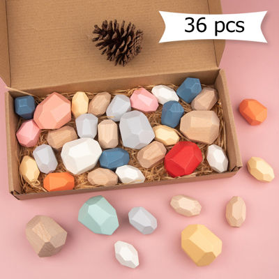 Children 36pcs Wooden Schima Rainbow Stacking Stone Colored Balancing Game Building Block Educational Kids Toy