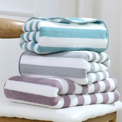 【CC】 bath towel for pool bathroom soft absorbent Quick-Dry stripes fleece simple Microfiber Fabric