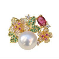 MCT·STAR Z11594 28mm Real White Round Pearl Plate-Gold Multicolor CZ Brooch