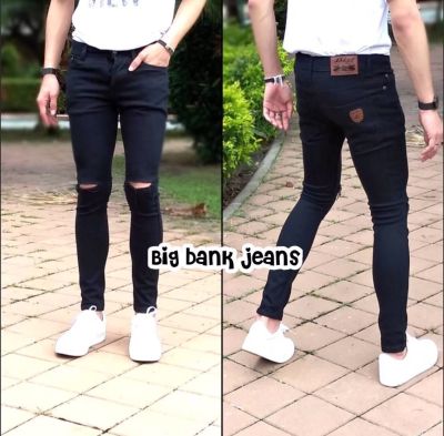 กางเกงยีนส์ กางเกงยีนส์ขายาว กางเกงยีนส์ผุ้ชาย ทรงเดฟ ผ้ายืด  สีดำ มี 2 แบบ เป้ากระดุม Size. 28-34