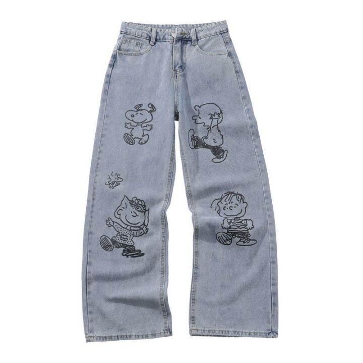 hot-price-jeans-korean-version-ins-harajuku-style-street-r-time-graffiti-cartoon-straight-wide-leg-pants-loose-bf-student-women