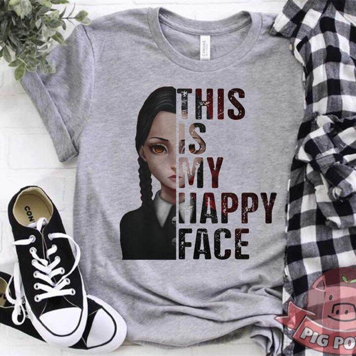 เสื้อยืด-พิมพ์ลายกราฟิก-this-is-my-happy-face-wednesday-addams-เหมาะกับวันฮาโลวีน-สําหรับผู้หญิง