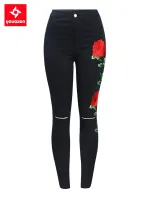 【YP】 Youaxon jeans preto com bordado rasgado joelhos novo feminino cintura alta calça skinny