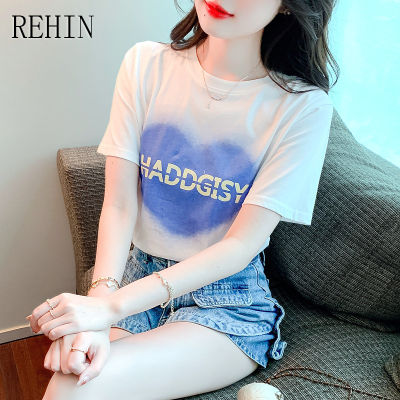 REHIN เสื้อยืดคอกลมแขนสั้นสำหรับผู้หญิง,เสื้อยืดคอกลมทรงหลวมพิมพ์ลายตัวอักษรเลิฟสำหรับสไตล์เกาหลีแบบใหม่แฟชั่นฤดูร้อน