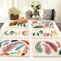 【DT】hot！ 1Pcs Colorful Feather Printed Dining Table Mats 42x32cm Cotton Placemat Coaster Dish Cup