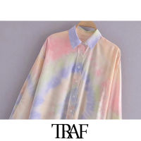 TRAF Women Fashion Tie-Dye Print Loose Asymmetry Blouses Vintage Long Sleeve Button-up Female Shirts Chic Tops