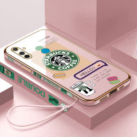 เคสเคสมือถือสำหรับ C3 Realme พร้อมฟรีสายคล้อง + โลโก้ Starbucks แฟชั่นชุบขอบสี่เหลี่ยมฝาหลังนิ่ม