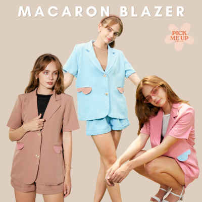 PICKMEUP - MACARON BLAZER (3สี) 🍰 เสื้อเบลเซอร์แขนสั้น กระเป๋ากระเป๋าสีทูโทนดีไซน์เป็นรูปก้อนเมฆน่ารักไม่ซ้ำใคร (TOP)