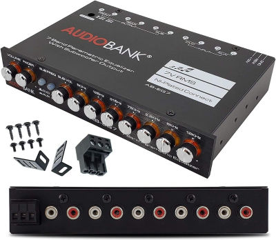 Audiobank EQ7 1/2 Din 7 Band Car Audio Equalizer EQ with Front, Rear/Frequency Adjustable /3 Stereo RCA Input for Portable Devices &amp; Subwoofer Output -2nd Gen