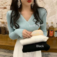 2021 Autumn Winter Women Long Sleeve V-Neck Front Rib-knit Stretchable Pull Sweater Korean Sweater Femme Jersey Jumper Pullover