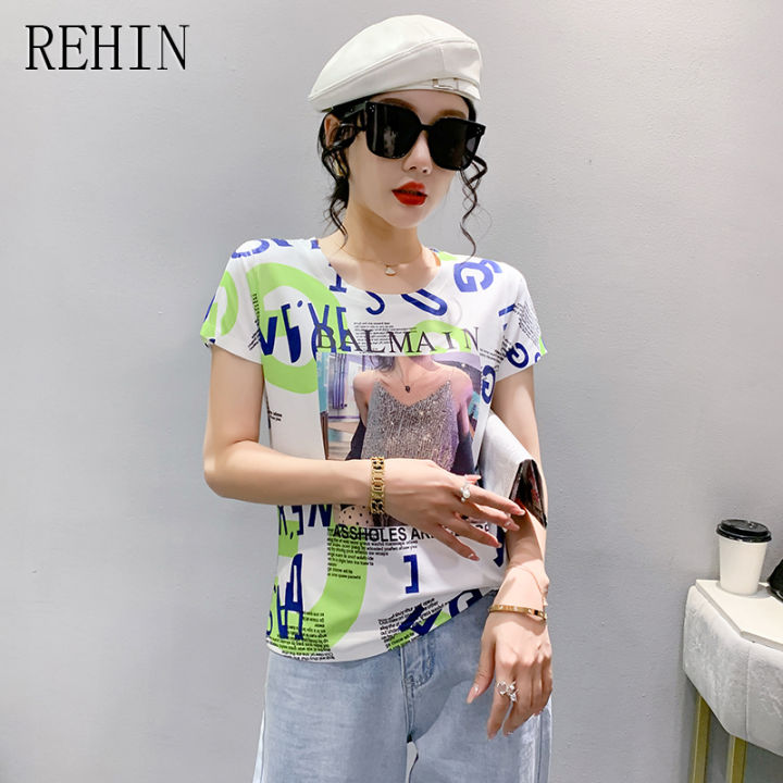 rehin-เสื้อผู้หญิงพิมพ์ลายตัวอักษร-ไม่เหมือนใครแฟชั่นใหม่เสื้อยืดแขนสั้นผ้าฝ้าย-s-3xl-ยาวถึงก้นเข้ารูปพอดี
